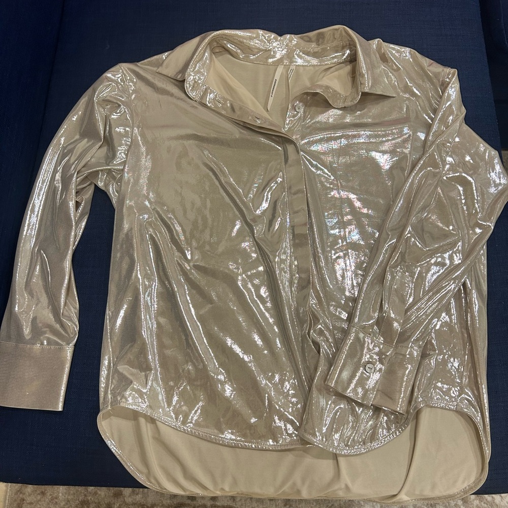 Anthropologie Gillian Liquid Shine Buttondown Shirt in Sand